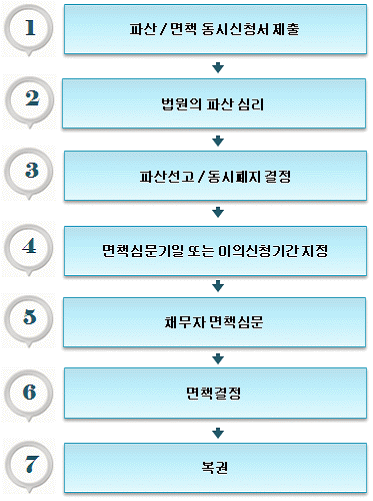 개인파산/면책 절차는 파산/면책 동시신청서 제출, 법원의 파산 심리, 파산선고/동시폐지 결정, 면책심문기일 또는 이의신청기간 지정, 채무자 면책심문, 면책결정, 복권의 순서로 이루어 집니다.